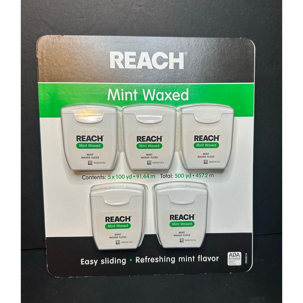 REACH Mint Waxed Dental Floss 5 Pack 500 Yards Total 100 yd Each